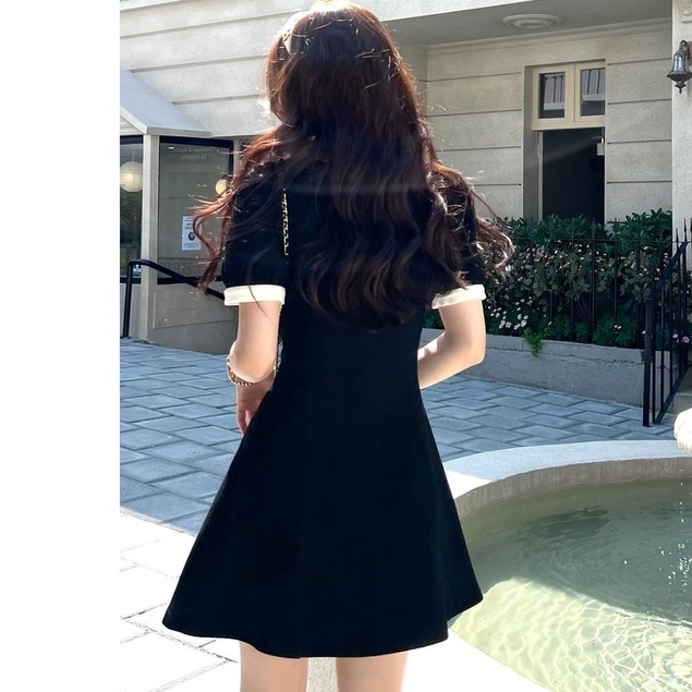 Váy nữ phối nút cổ sơ mi tay ngắn thời trang nữ tiểu thư đầm dự tiệc nữ sang chảnh