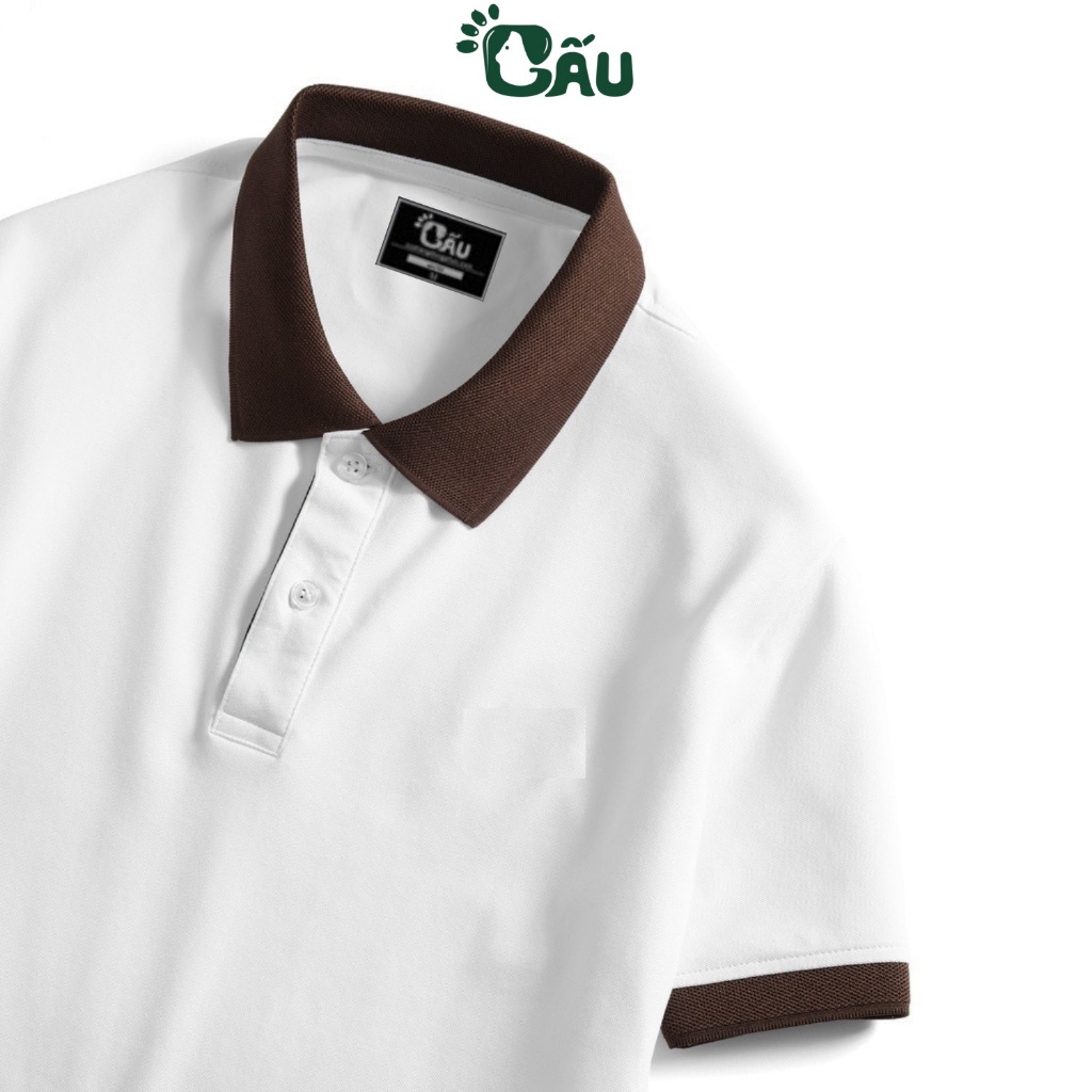 Áo thun Polo GẤU 194 Trơn Unisex vải cá sấu Poly co dãn 4 chiều dày dặn form gerular fit - PL Trắng Phối Nâu - 1335