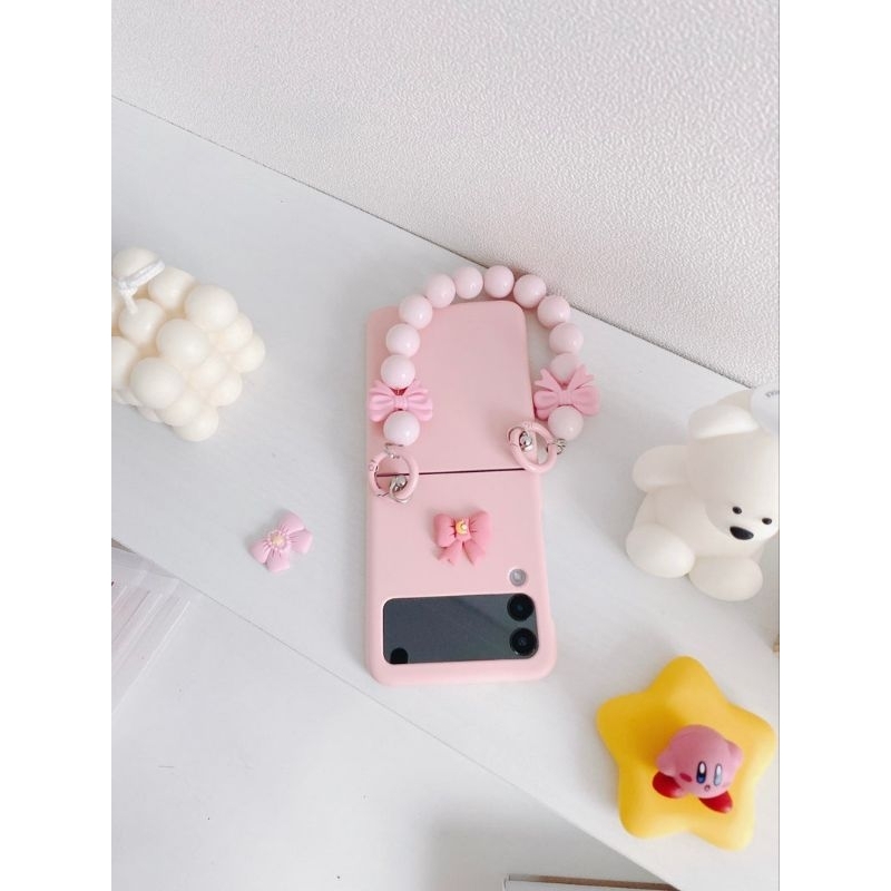 Ốp Z Flip 4 - Z Flip 3 - Z Flip3 - Flip4 5G hồng pastel charm dễ thương kèm dây hạt nơ tiểu thư xinh xắn