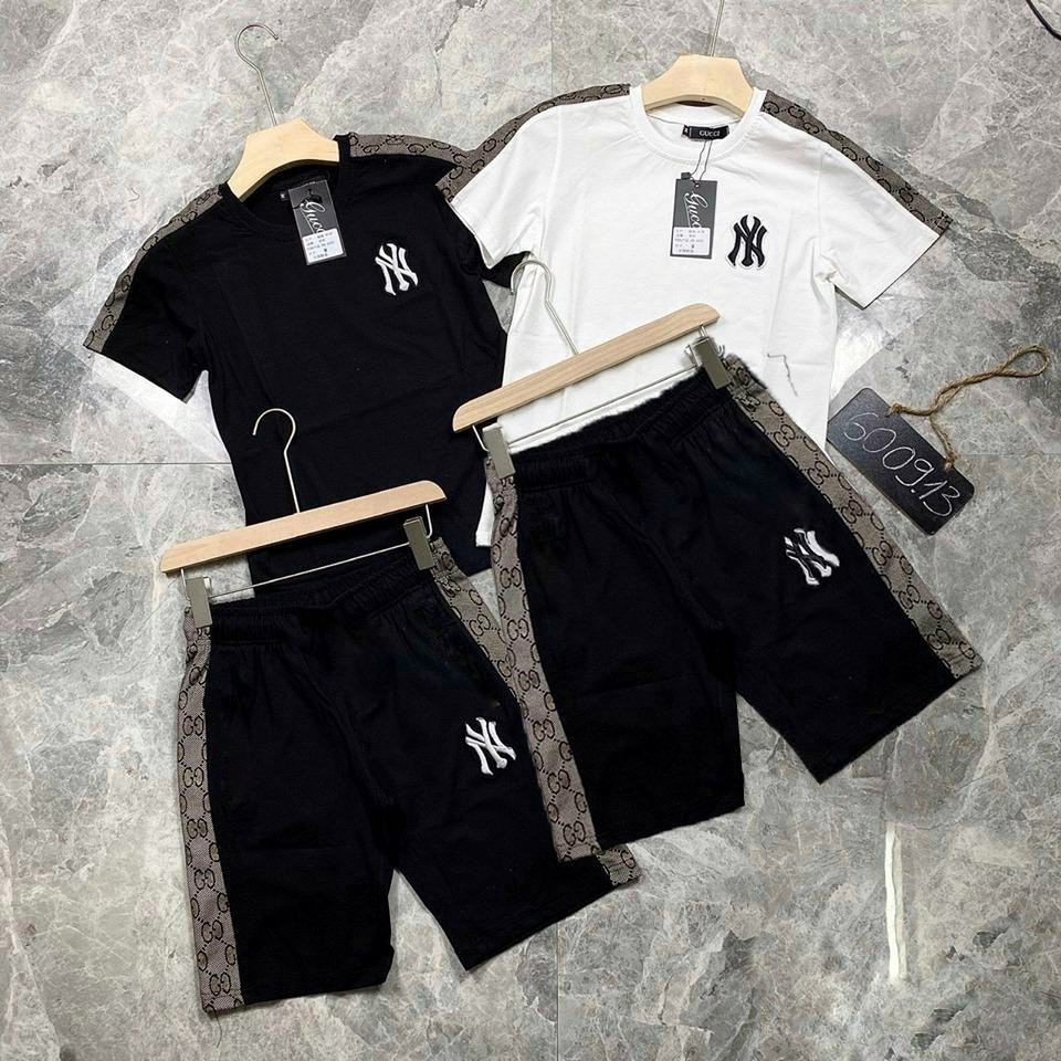 Bộ thun nam, Bộ hè nam chữ NY tay phối nâu, Chất thun co dãn 4 chiều