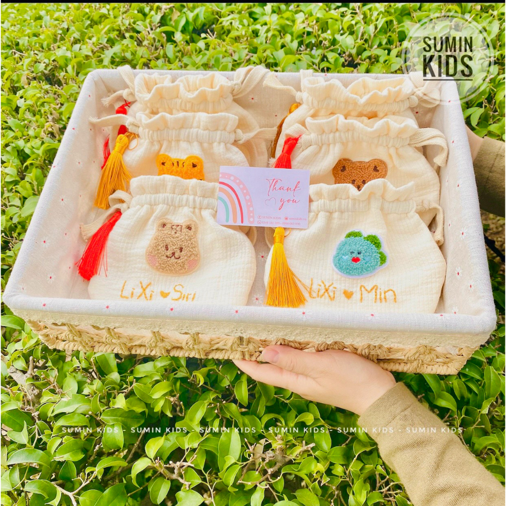 Túi đựng lì xì, đeo chéo thêu theo yêu cầu cho bé phong cách Hàn Quốc đi chơi Tết - đựng tỏi, balo
