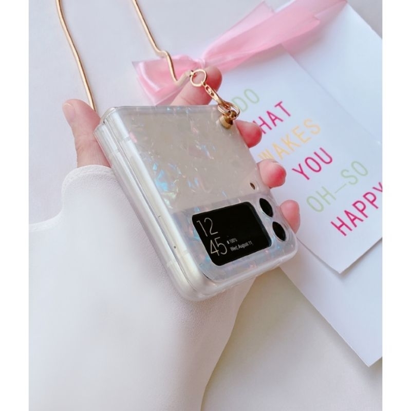 Ốp Z Flip 4 - Z Flip 3 - Z Flip3 - Flip4 5G vân đá lấp lánh viền dẻo kèm dây xích nhuyễn đeo chéo sang trọng