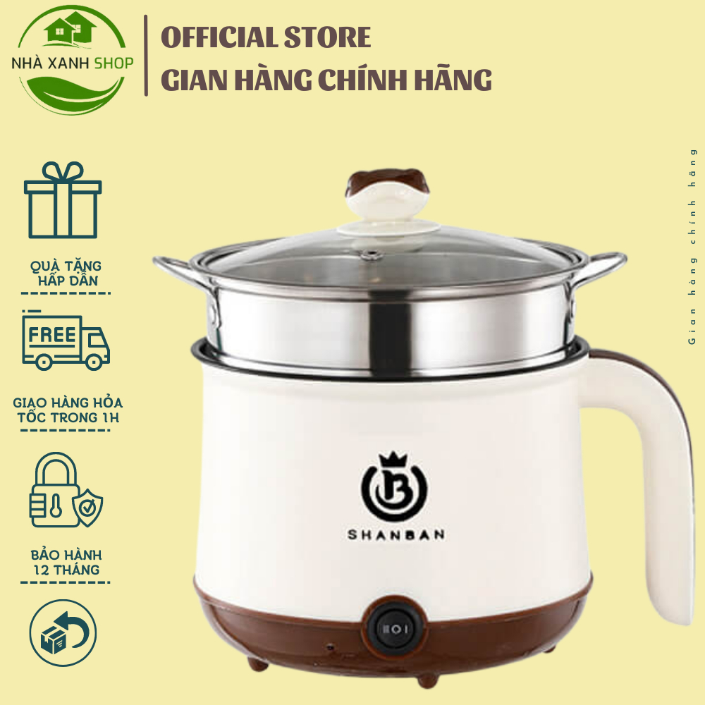Nồi lẩu mini đa năng, ca nấu mì 18cm 2 nấc nhiệt kèm giá hấp, đế chống dính, chiên xào, hấp, luộc, ăn lẩu tiện dụng