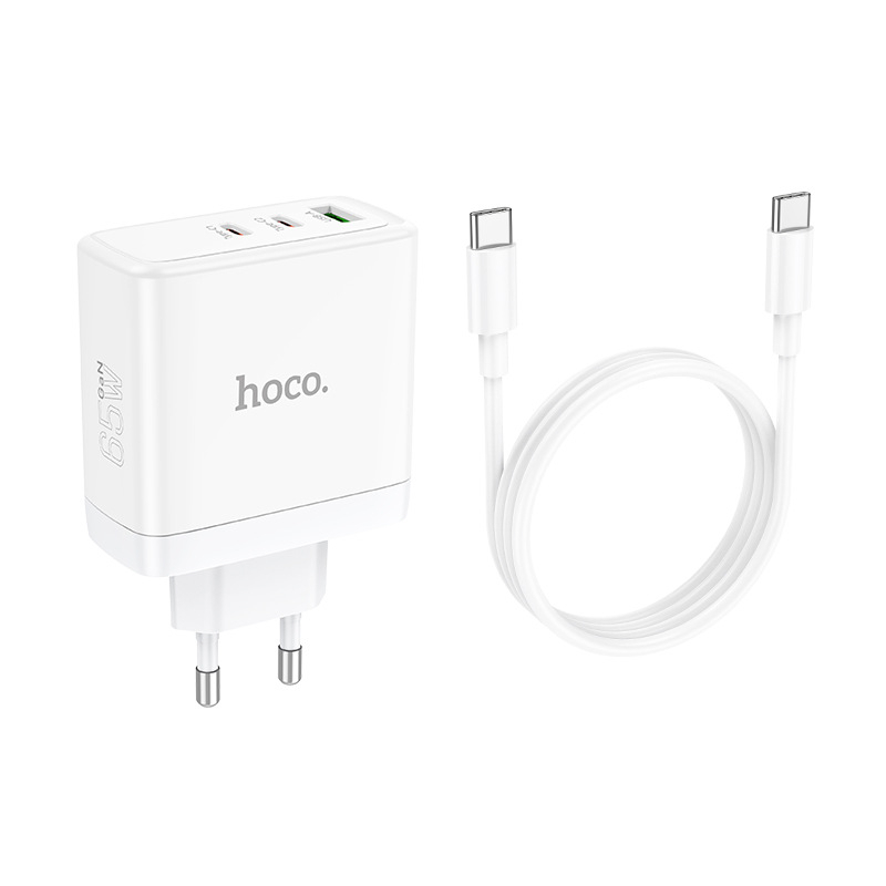 Bộ sạc nhanh 3 cổng Hoco N30 2 cổng TypeC PD + USB QC3.0 max 65W GaN kèm cáp C to C (Trắng) - Hãng phân phối