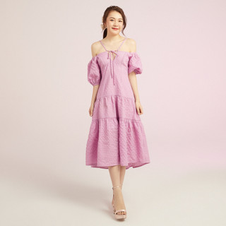 MAYBI Đầm Babydoll Dáng Dài Tay Ngắn, Thiết Kế Xếp Tầng Nữ Tính, Vải Xốp Nhẹ Nhàng