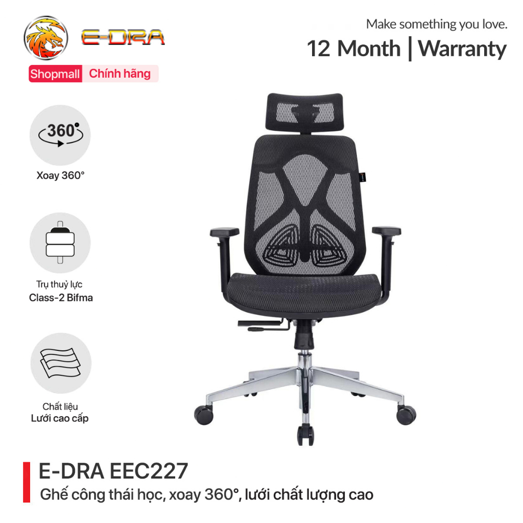Ghế công thái học Egonomic E-Dra EEC227 - Chân ghế kim loại - Lưng ghế vải lưới - Kê tay 3D