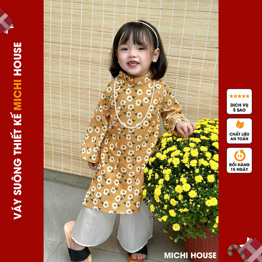Set Áo Dài Bé Gái Dáng Suông Michi House Váy Xuông Truyền Thống Mặc Lễ Tết Cho Bé Mặc An Toàn Cho Da ADB2