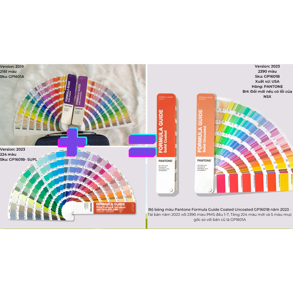 Bộ Bảng màu Pantone Formula Guide Coated Uncoated GP1601B năm 2023 - 2390 màu PMS 1-7 - Tăng 229 màu PMS