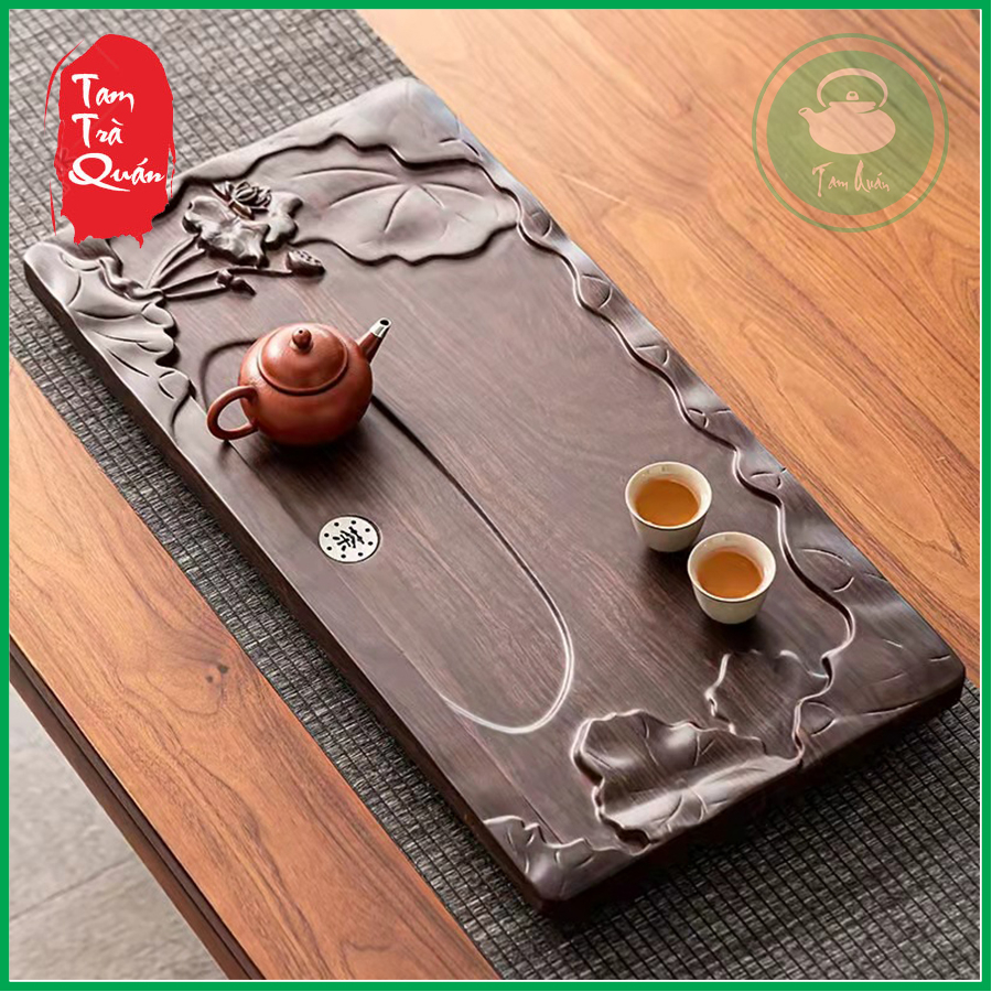 Khay trà gỗ nguyên khối khắc hoa sen 30x60cm