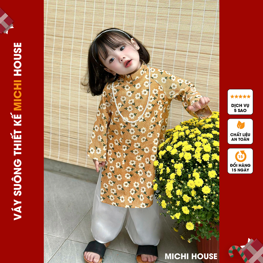Set Áo Dài Bé Gái Dáng Suông Michi House Váy Xuông Truyền Thống Mặc Lễ Tết Cho Bé Mặc An Toàn Cho Da ADB2