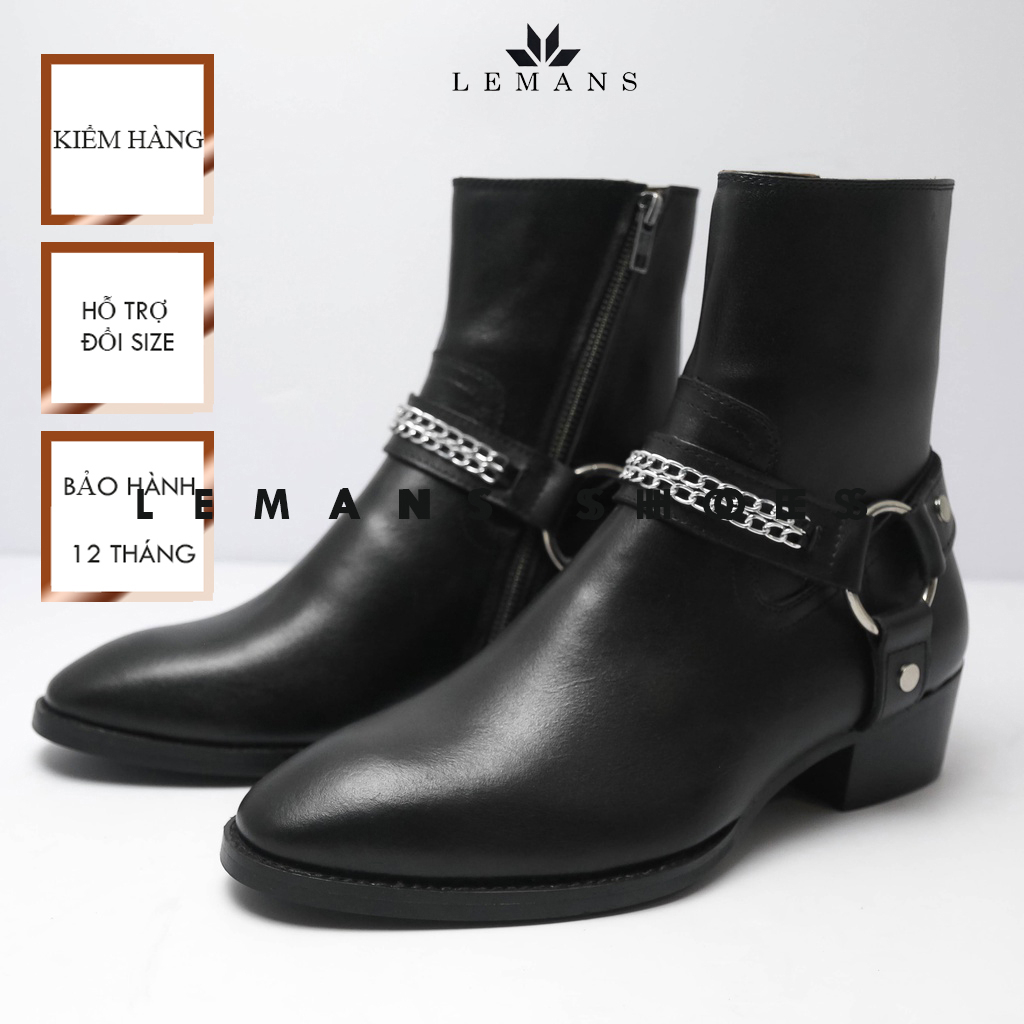 Giày da bò nguyên tấm Harness Boots Black LEMANS HB01