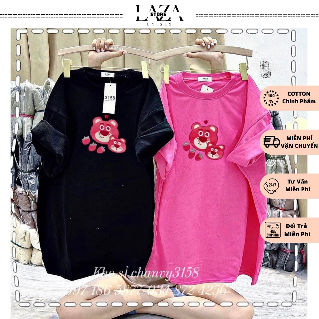 Áo Thun Form Rộng 3158 Cotton Khô In Hình Mặt Gấu Dâu Unisex