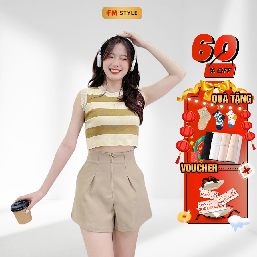 Quần đùi nữ FM Style lưng cao ống rộng xếp ly thời trang basic phong cách Hàn Quốc 23010256