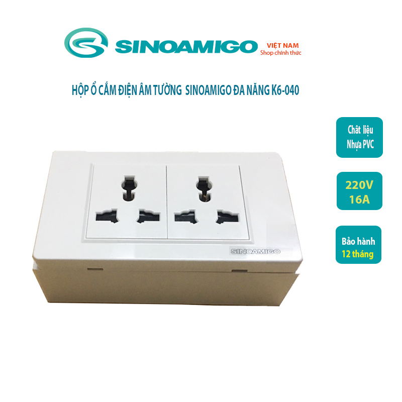 Ổ cắm điện đôi 3 chấu đa năng âm tường Sinoamigo K6-040 hàng chính hãng