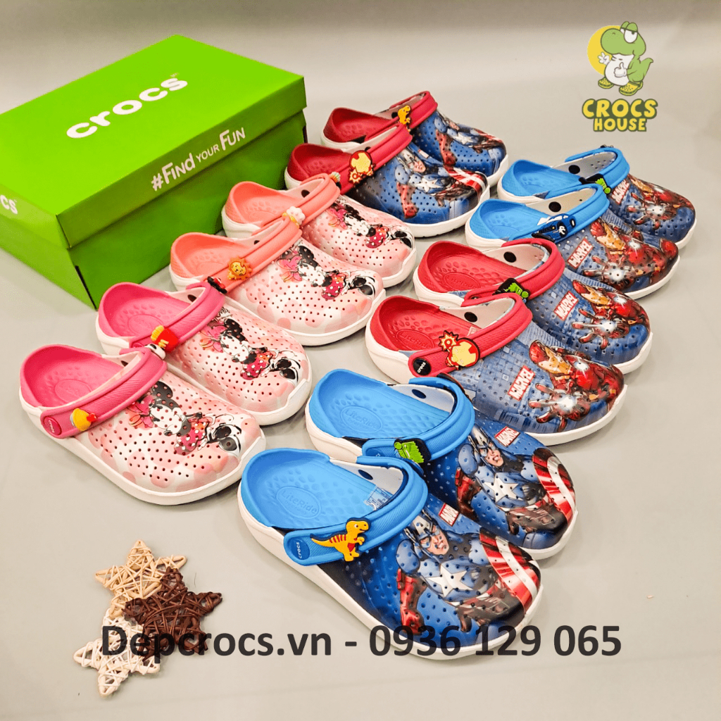 (Tặng jibbitz) Dép sục crocs literide trẻ em Mervel hai màu xanh và đỏ, dép trẻ em tặng kèm stickers 2d- crocs house