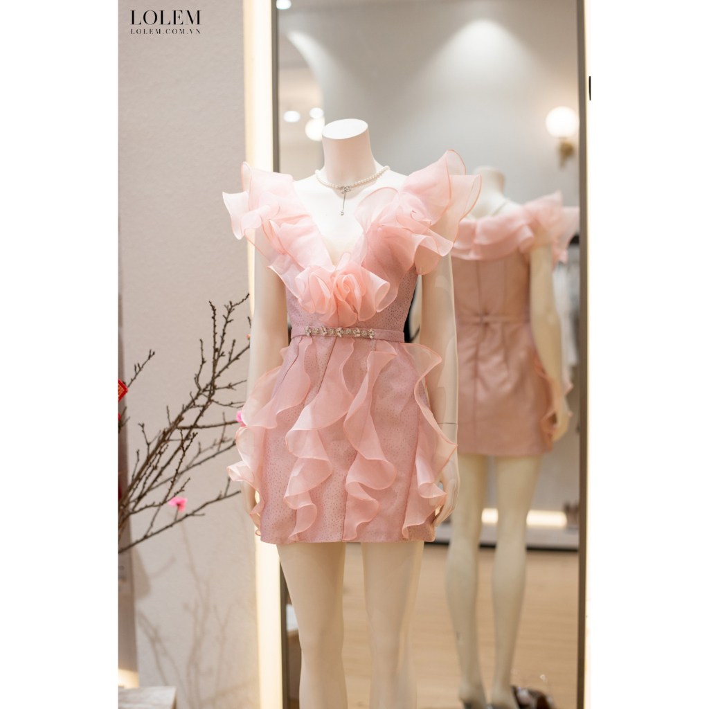 Đầm ôm body LOLEM DO215 thiết kế bèo dọc thân vải tafta fine mix tơ organza