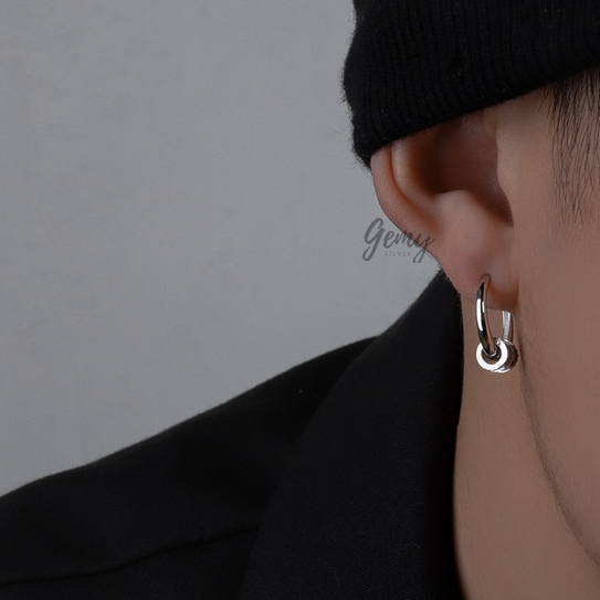 Khuyên tai tròn nam bạc 925 đeo được 2 kiểu trơn charm đá unisex (1 chiếc) | GEMY SILVER KN64