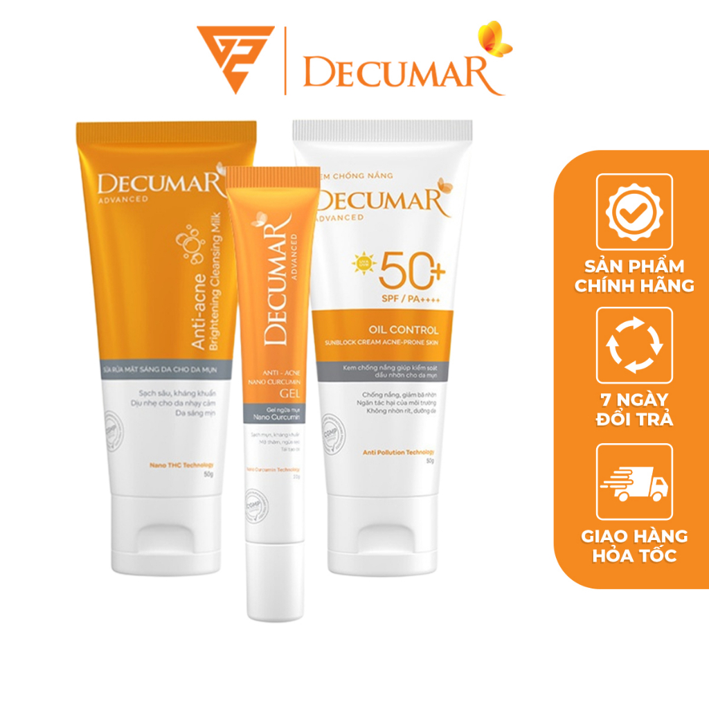 Combo ngừa mụn toàn diện Decumar Advanced 1 Gel rửa mặt +1 Gel mụn + 1 Kem chống nắng