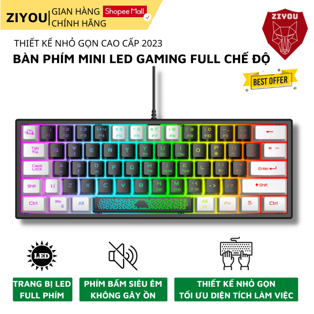 Bàn Phím Mini LED Ziyou K61 Gaming Full Chế Độ, Thiết Kế Nhỏ Gọn 62 Phím Tiêu Chuẩn, Tương Thích Trên Máy Tính, Laptop
