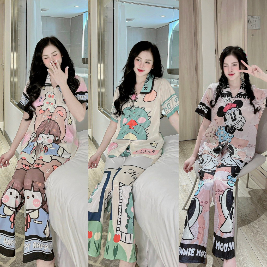 Bộ Đồ Ngủ Nữ Pijama Cộc Tay Lụa Xước Thiết Kế Cao Cấp Mặc Bốn Mùa Cho Nữ Freesize Từ 40 - 55 kg