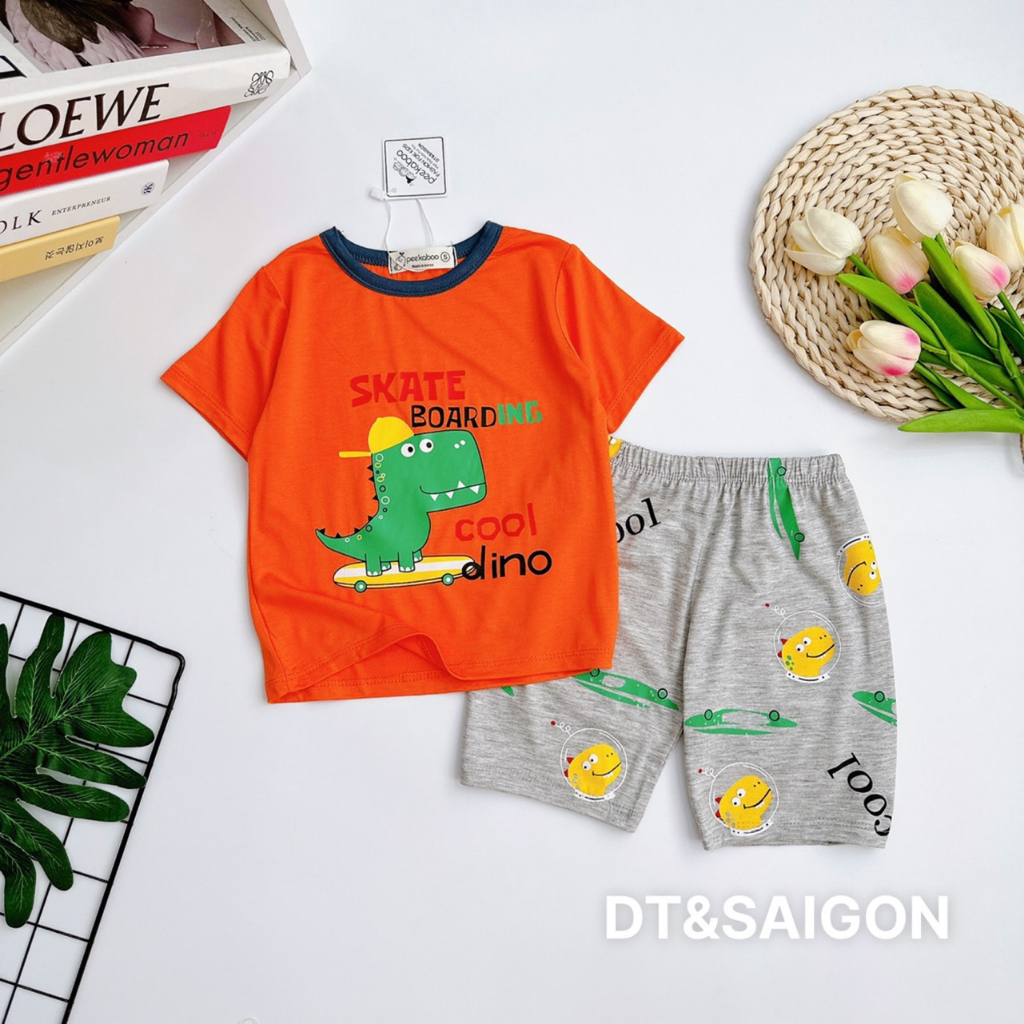 Bộ thun lạnh cộc tay cho bé trai, bé gái Pekaboo hình ô tô khủng long mới nhất