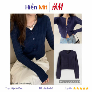 H&M Đức - Áo cardigan croptop len tay dài cổ tròn vặn thừng màu xanh dương đậm sale auth new tag cao cấp 1072443002 HM