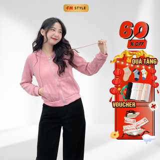 Áo khoác nhung pha len nữ FM Style phối túi có mũ nhiều màu dễ thương phong cách basic Hàn Quốc 206270120