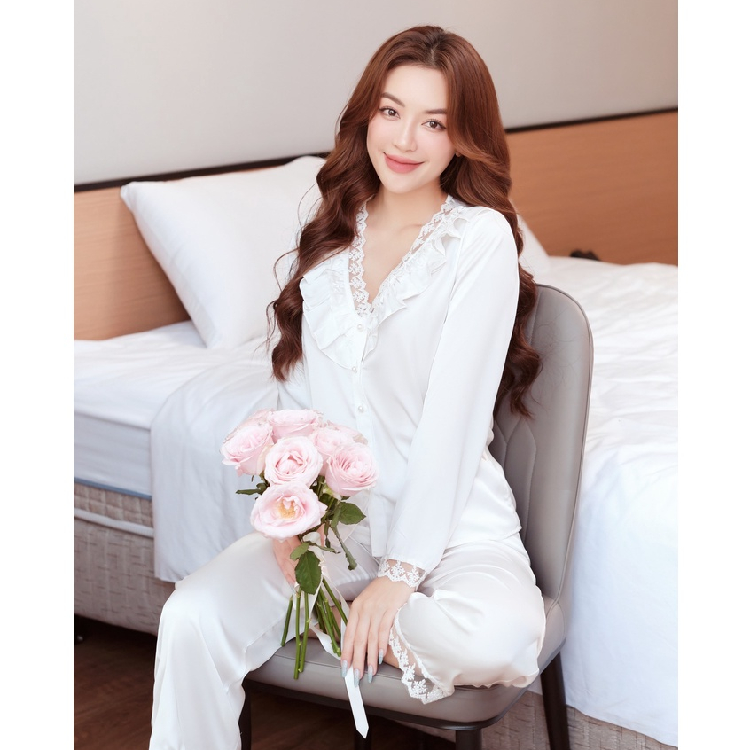 Bộ đồ ngủ nữ pyjama lụa thiết kế cao cấp LYSILK - BN195/247 - Áo dài tay quần dài đồ mặc nhà