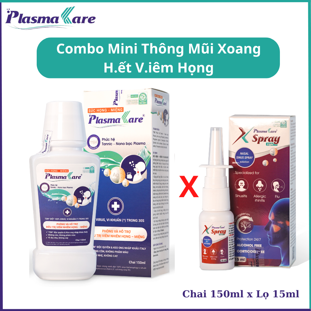 Combo mini 1 Súc họng miệng PlasmaKare 150ml, 1 Xịt mũi xoang PlasmaKare X-Spray 15ml