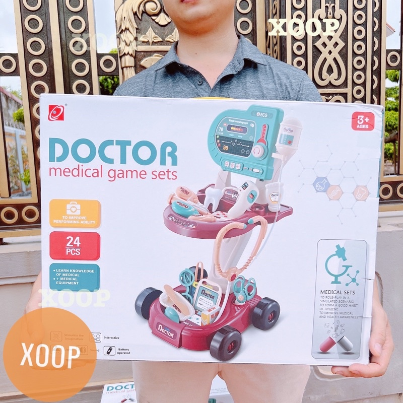 Đồ chơi bác sĩ cao cấp có xe đẩy, bộ đồ chơi bác sĩ cho bé gái bé trai làm từ nhựa nguyên sinh ABS cao cấp