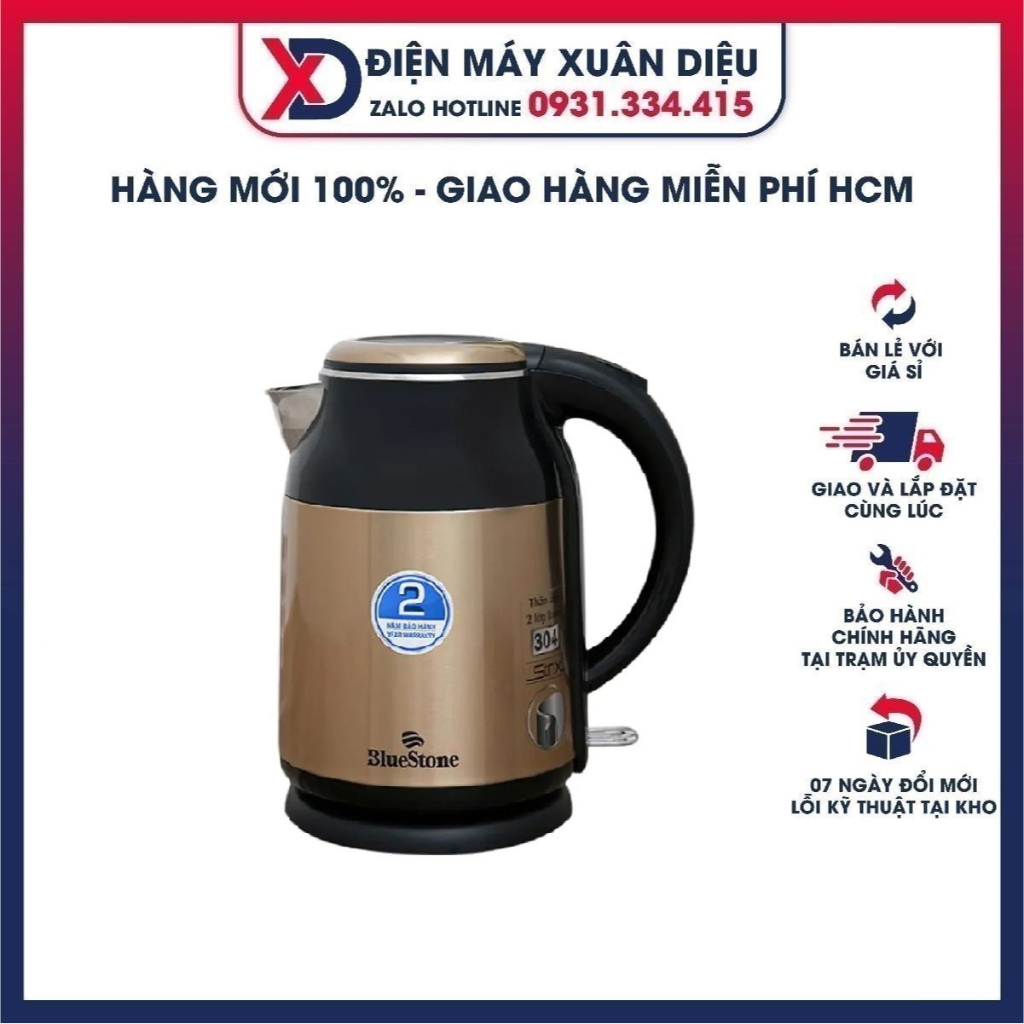 Bình đun siêu tốc Bluestone 1.8 lít KTB-3369 Công suất 1800W, Tự ngắt khi nước sôi và khi cạn nước, Bảo hành 24 tháng