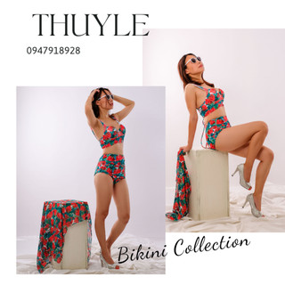 Bikini đi biển hai mảnh hoa đỏ kèm áo choàng, quần cạp cao gen bụng tôn dáng, thu hút mọi ánh nhìn