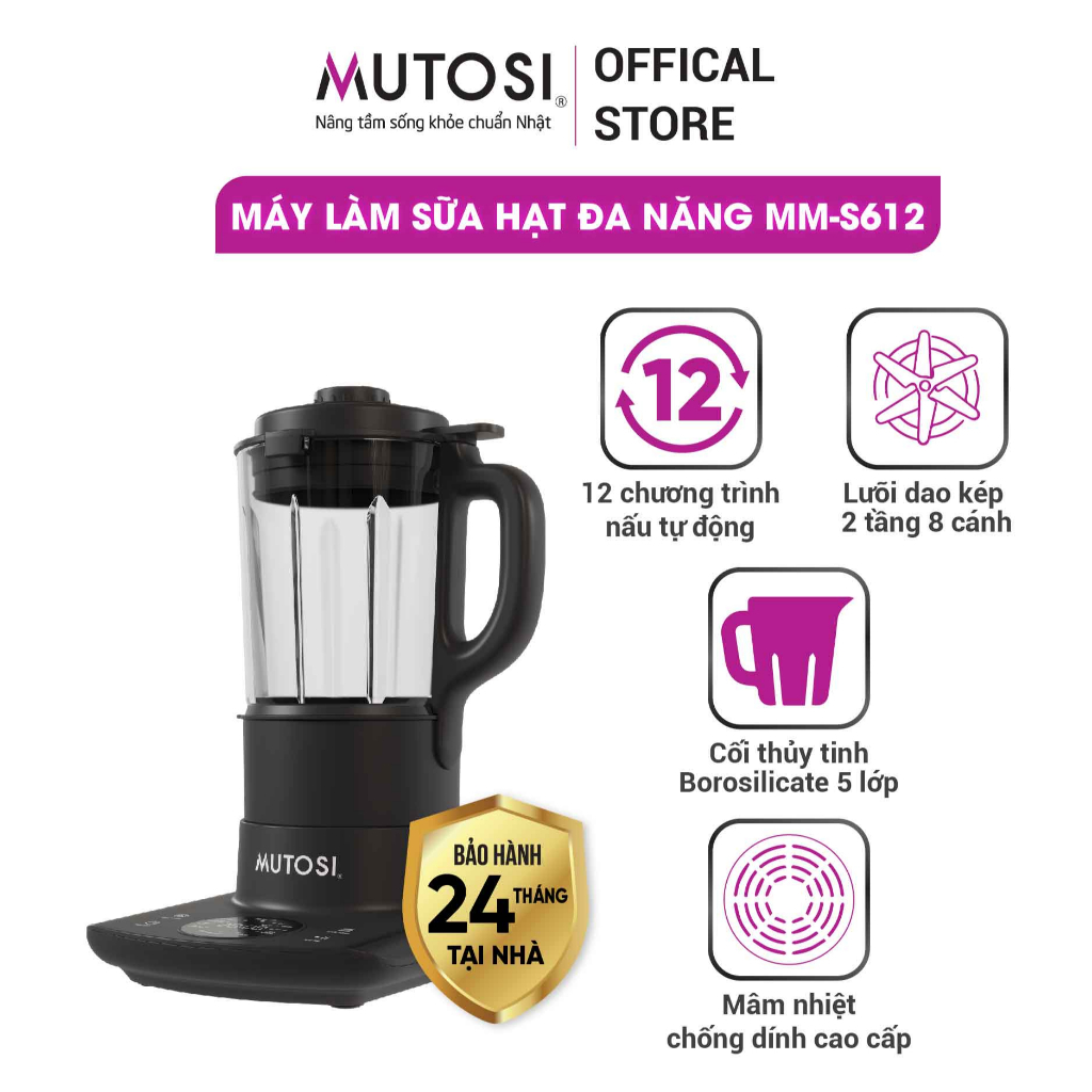 Máy làm sữa hạt đa năng Mutosi MM-S612, 12 Chức năng, Dung tích 1,75L, Bảo hành 24 tháng