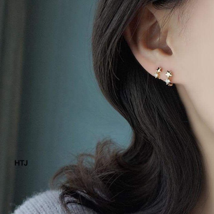 Khuyên tai bạc khuyên tròn 6-8mm mặt sao điểm đá nhỏ xinh Van Jewelry