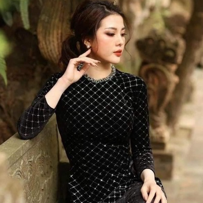 Áo Dài Cách Tân Nhung Kim Cương Nữ Cổ Tròn Đẹp