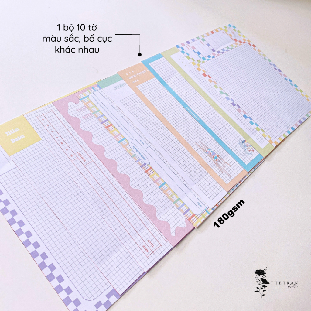 Bộ 10 tờ giấy ghi chép kẻ caro - A4, B5, A5, A6 - dọc, ngang pastel / art notepad / thetranstudio