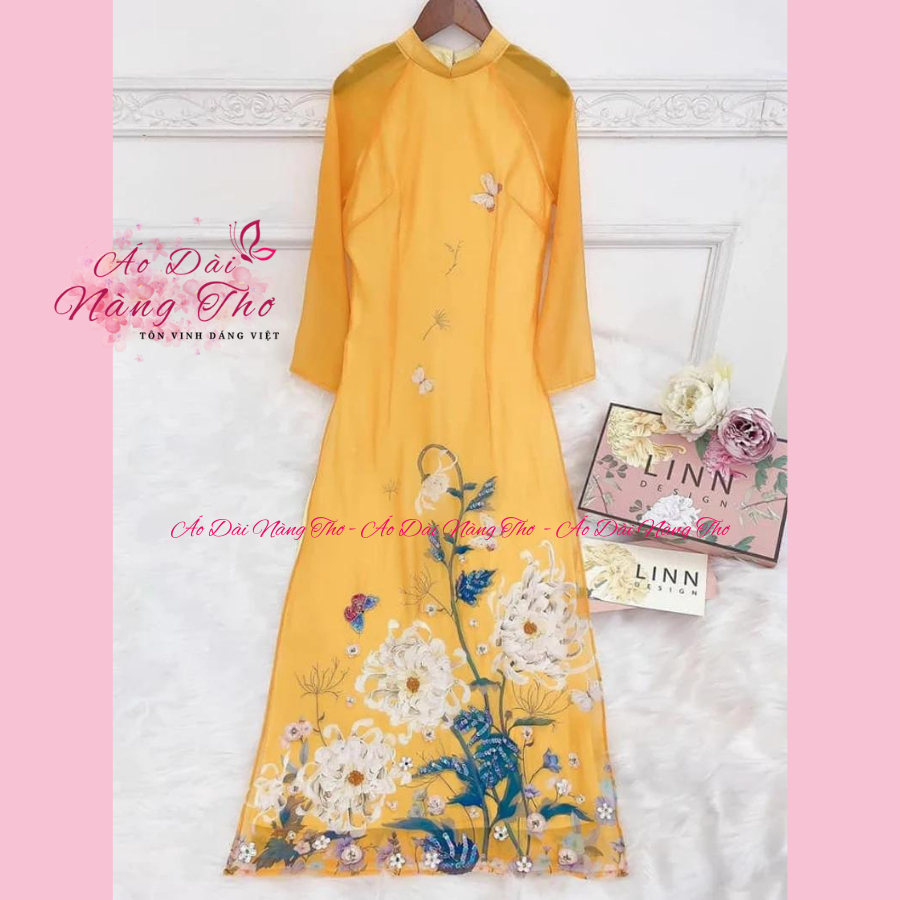 Áo dài lụa cách tân nữ 4 tà màu vàng may sẵn cao cấp - Áo dài Nàng Thơ
