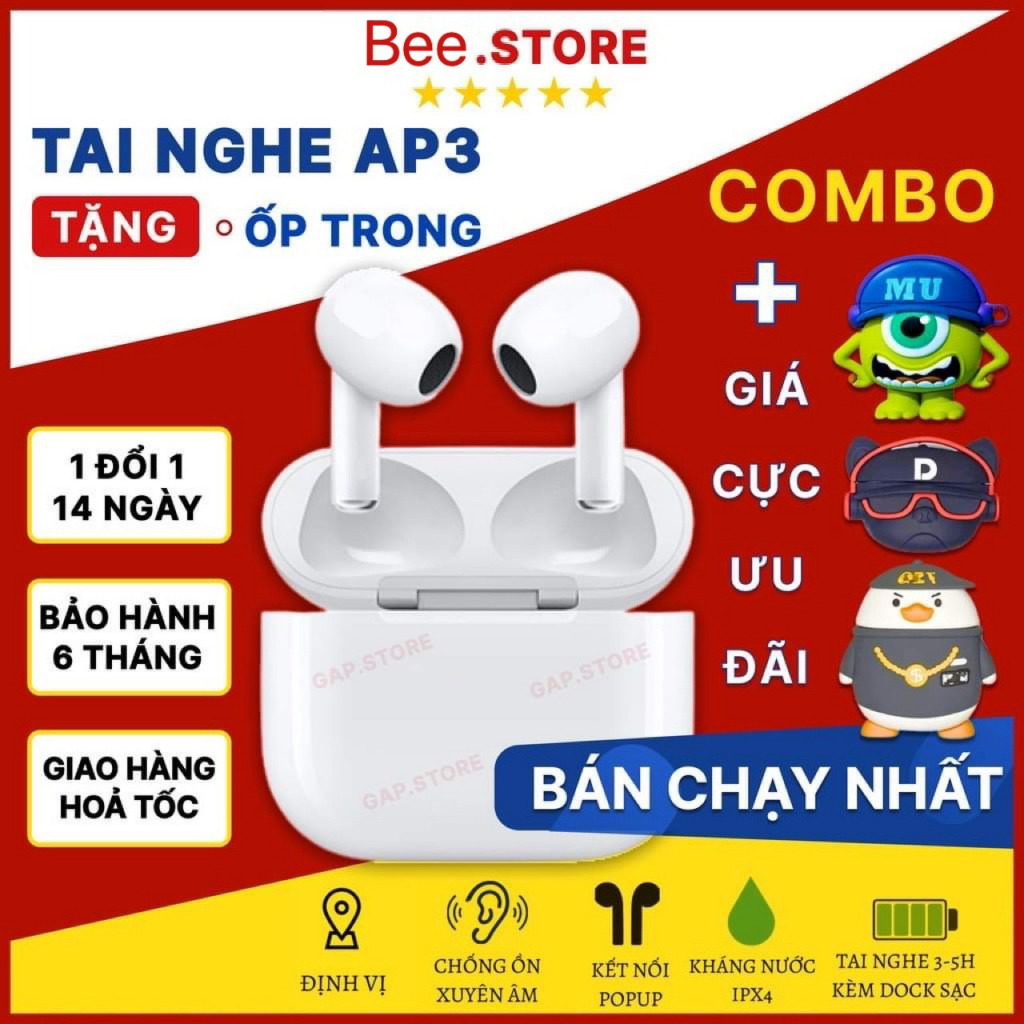 Tai nghe Bluetooth AlP3 Không Dây Đủ Chức Năng Pin Trâu 4-6h, Định Vị, Đổi Tên, Dùng Cho Mọi Dòng Máy, Chính Hãng PKT