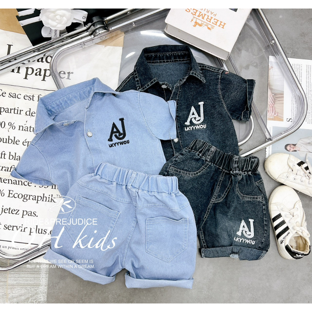 Đồ bộ bé trai , Set bộ jeans cộc tay Áo sơ mi bò thêu chữ AJ sắc nét phối quần bò ráchsành điệu cho bé