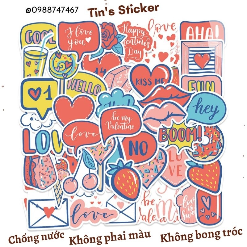 Set combo 50 miếng dán sticker tình yêu love valentine trái tim dán nón mũ bảo hiểm laptop vali sổ tay đàn guitar sổ tay