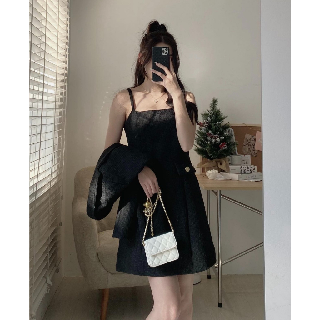 SET DẠ TWEED VÁY HAI DÂY KÈM ÁO KHOÁC VEST DÁNG CROPTOP SDTTVH