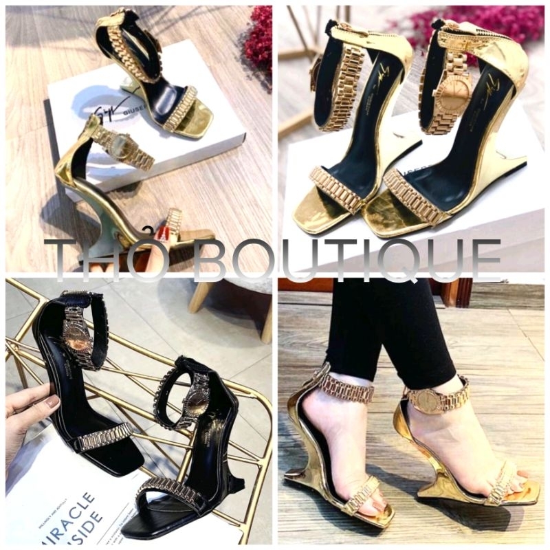 Giày sandal cao gót C.COWAN quai ngang đồng hồ gót cong 9cm đen, vàng size 36-39