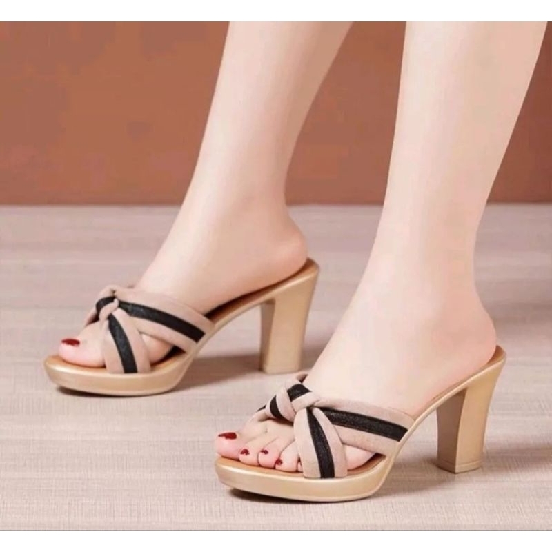 Dép cao gót quai chéo sọc 7f