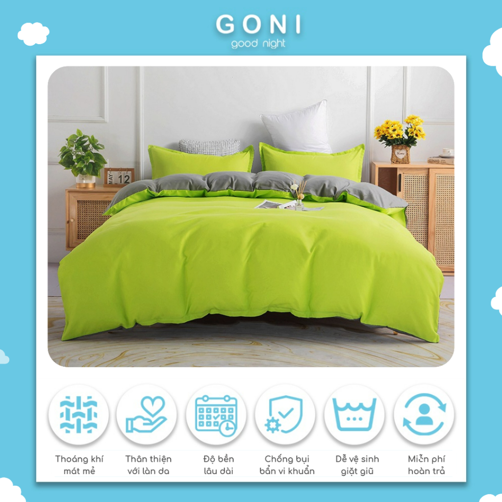 Bộ Chăn Ga Gối Cotton Tici GONI Drap Giường Phối Màu Xanh Chuối Xám Đủ Kích Thước Trải Nệm Không Kèm Ruột