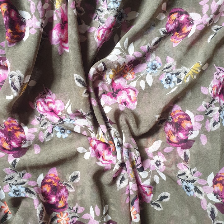 Khúc Voan Chiffon Rêu Bông Hồng.Khổ 1m5.Chất Mỏng Mềm Rũ.Co Giãn Nhẹ.Cần Phải Lót.