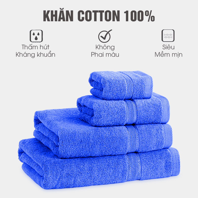 Khăn tắm, khăn lau mặt và khăn gội đầu chất liệu 100% cotton thấm hút kháng khuẩn cực tốt an toàn cho mọi làn da