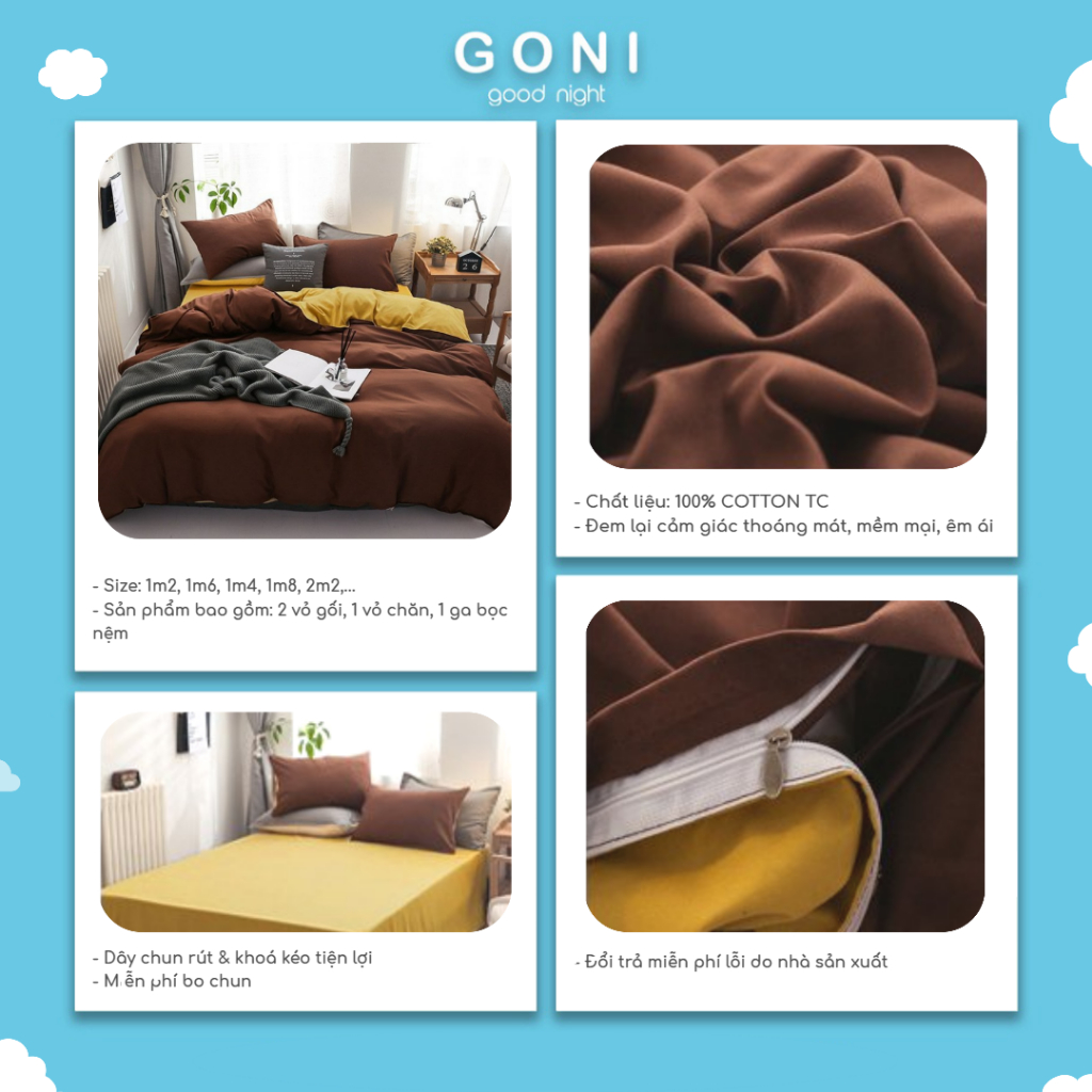 Bộ Chăn Ga Gối Cotton Tici GONI Drap Giường Phối Màu Nâu Caramel Đủ Kích Thước Trải Nệm Không Kèm Ruột