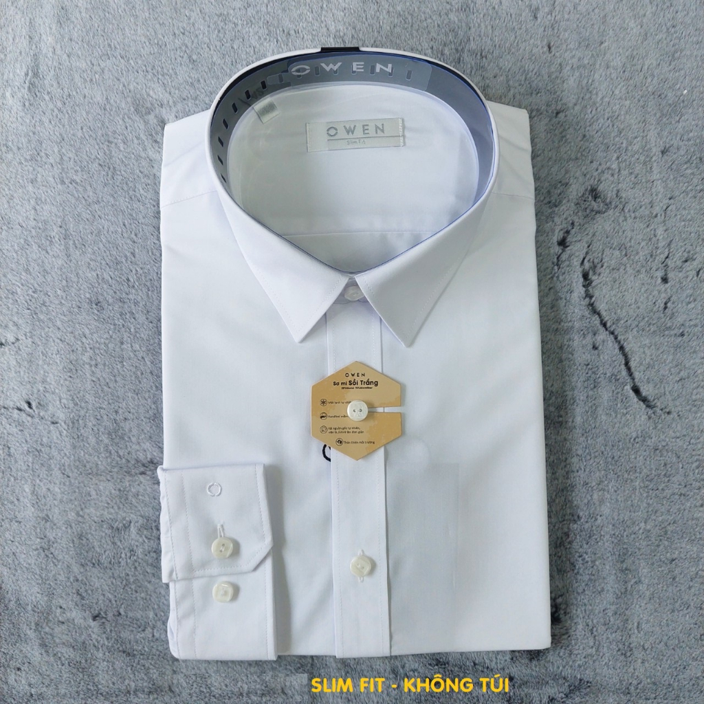 Áo sơ mi trắng trơn nam OWEN AS230329D somi công sở dài tay form slim fit tà lượn không túi chất sợi sồi cao cấp mềm mát