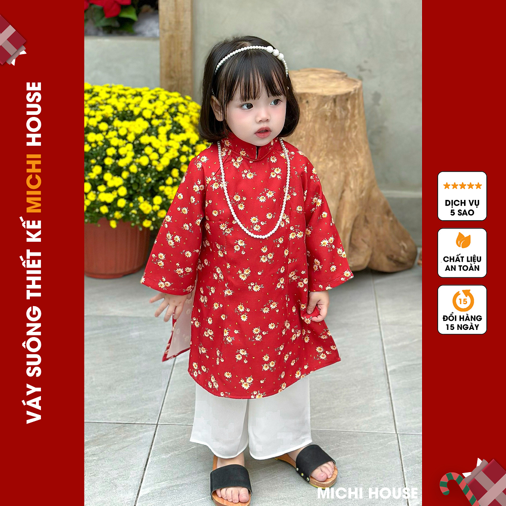 Set Áo Dài Bé Gái Dáng Suông Michi House Váy Xuông Truyền Thống Mặc Lễ Tết Cho Bé An Toàn Cho Da ADB4