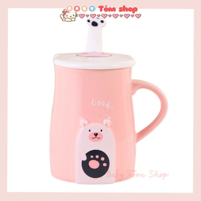 Cốc gốm sứ có nắp đậy kèm thìa hình gấu đáng yêu,Baby Tôm. Cốc gốm sứ văn phòng